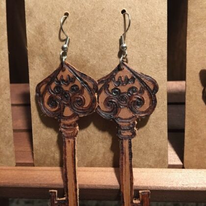 vintage key leather earrings pyrography