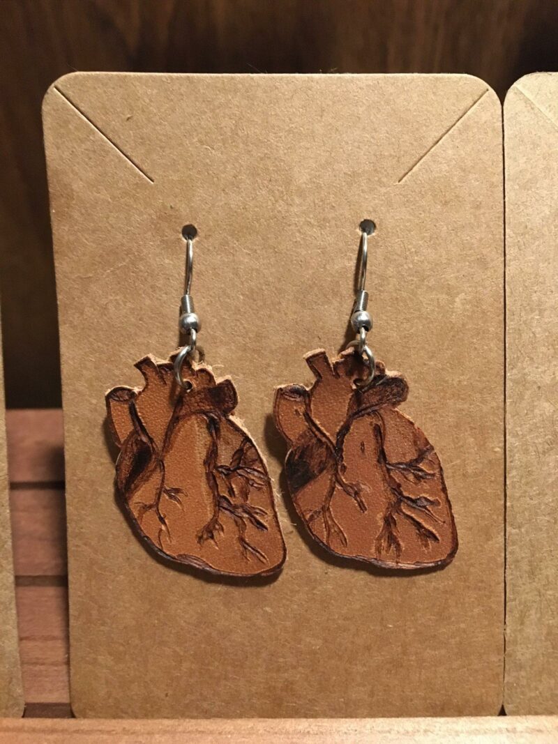 anatomical heart leather earrings pyrography