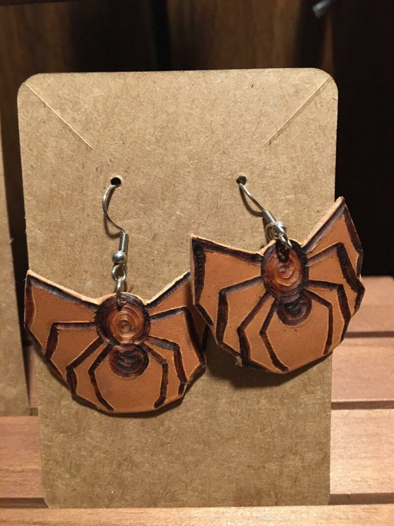 spider leather earrings pyrography