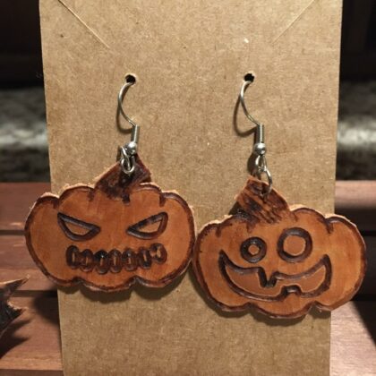 jack-o-lantern pumpkin leather earrings pyrography