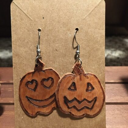 jack-o-lantern pumpkin leather earrings pyrography