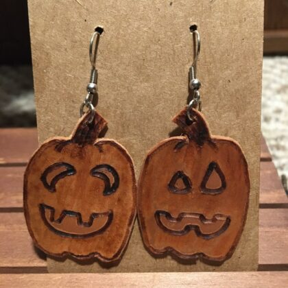 jack-o-lantern pumpkin leather earrings pyrography