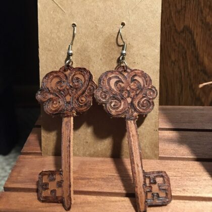 vintage key leather earrings pyrography