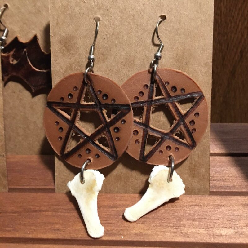 pentagram bones leather earrings pyrography