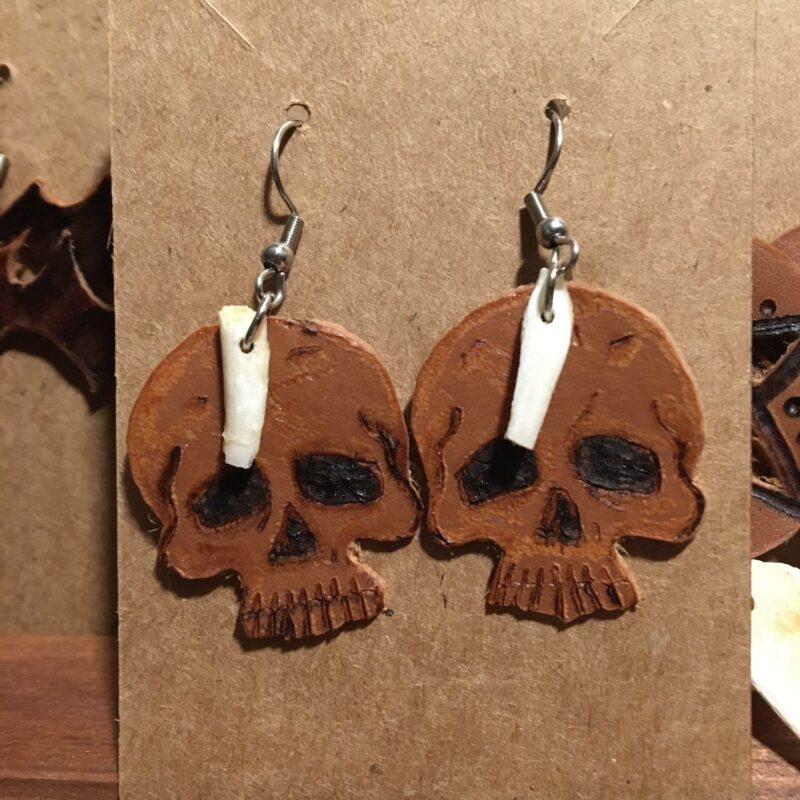 skull bones leather earrings pyrography