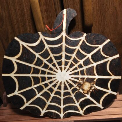 pumpkin-shaped wooden wall decor spiderweb spider pyrography wood burning