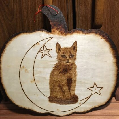 pumpkin-shaped wooden wall decor cat crescent moon stars pyrography wood burning