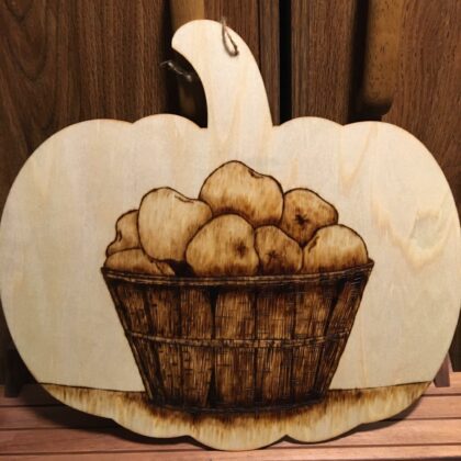 pumpkin-shaped wooden wall decor basket of apples pyrography wood burning