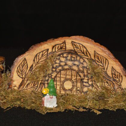 gnome cottage mushrooms moss wood chunk wood burning pyrography