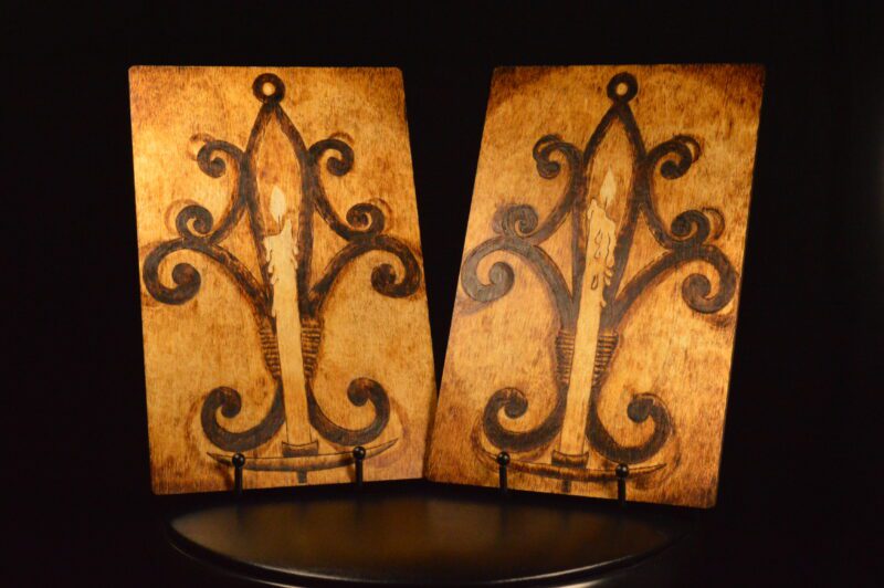 candle sconces glow candlelight set wall decor wood burning pyrography victorian