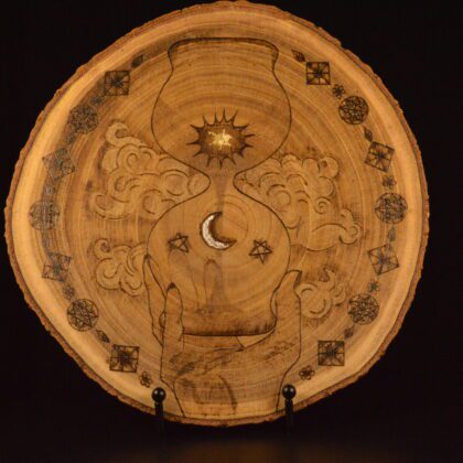 hourglass hand sun moon stars clouds sacred geometry wall decor round wood burning pyrography
