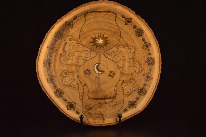 hourglass hand sun moon stars clouds sacred geometry wall decor round wood burning pyrography