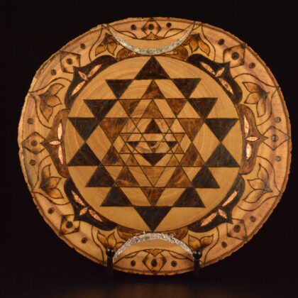 sri yantra sacred geometry mandala crescent moon round wall decor wood burning pyrography