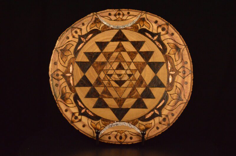 sri yantra sacred geometry mandala crescent moon round wall decor wood burning pyrography