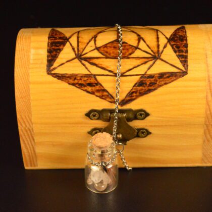 treasure chest sacred geometry vial chain seashell wood burning pyrography