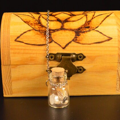 treasure chest lotus flower vial chain seashell wood burning pyrography