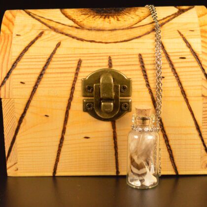 treasure chest eye skeleton key keyhole vial necklace seashell wood burning pyrography