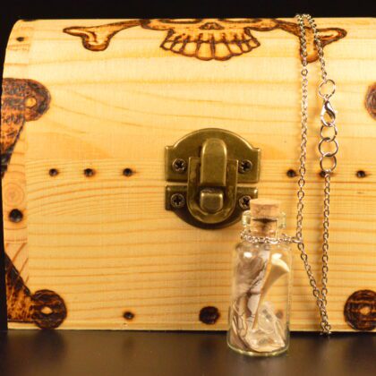 treasure chest skull and crossbones vial necklace seashell wood burning pyrography