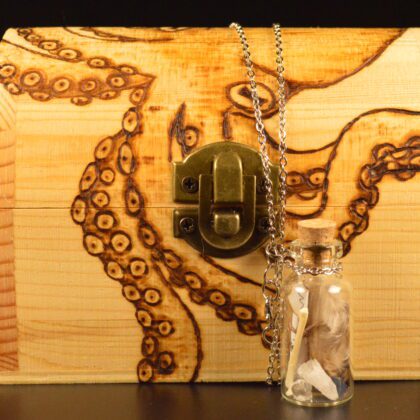 treasure chest octopus kraken vial necklace seashell wood burning pyrography