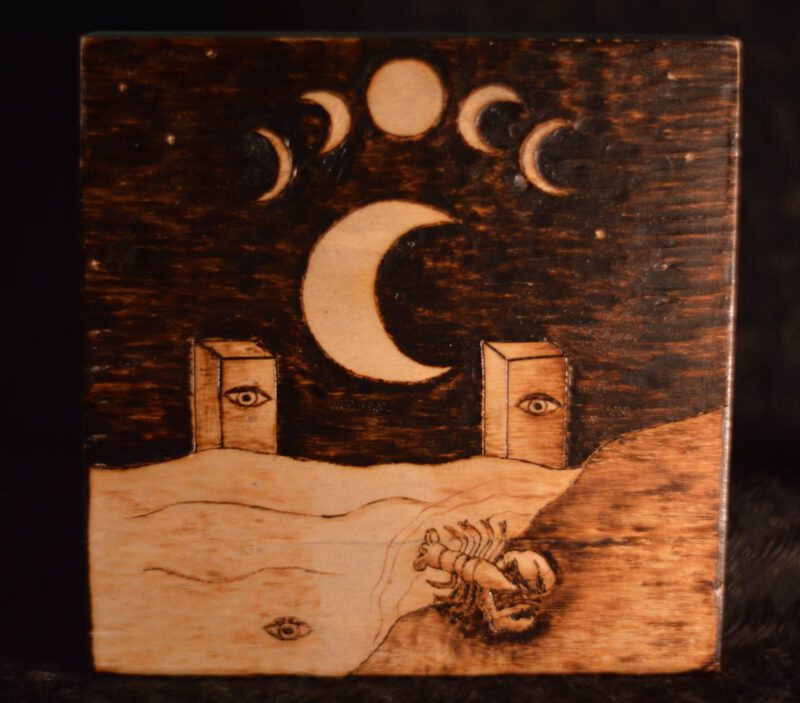 the moon tarot card journey through the unknown wood burned altar wall decor
