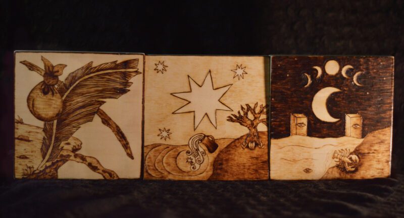 the fool, the star, the moon journey through the unknown, wood burned art altar wall decor