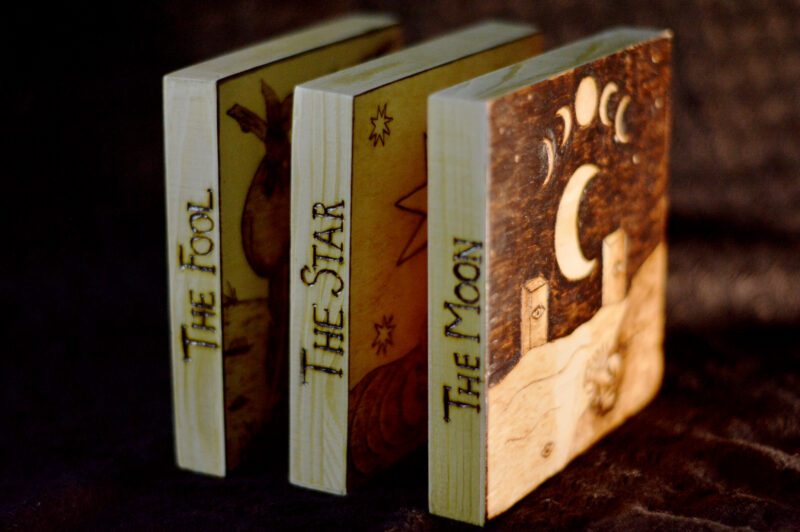 the fool, the star, the moon journey through the unknown, wood burned art altar wall decor