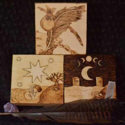 the fool, the star, the moon journey through the unknown, wood burned art altar wall decor