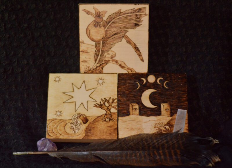 the fool, the star, the moon journey through the unknown, wood burned art altar wall decor