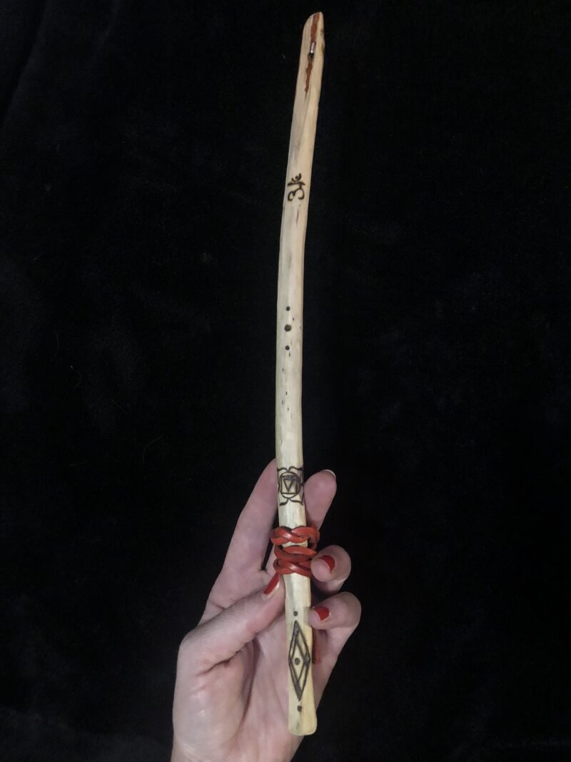 Sacred Root Chakra Wand- Hand-Carved Maple with Crystals, Leather Wrap and Burned Symbols - Image 2