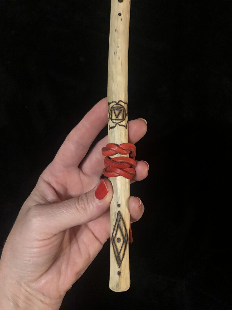 Sacred Root Chakra Wand- Hand-Carved Maple with Crystals, Leather Wrap and Burned Symbols - Image 3