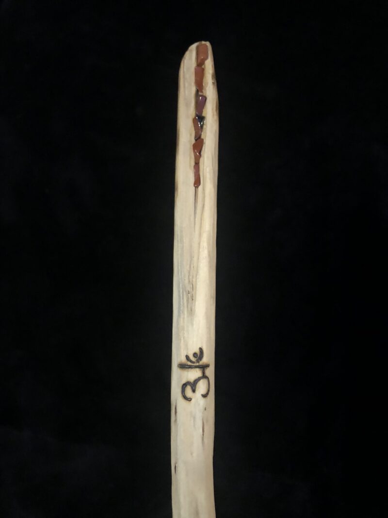 Sacred Root Chakra Wand- Hand-Carved Maple with Crystals, Leather Wrap and Burned Symbols - Image 4