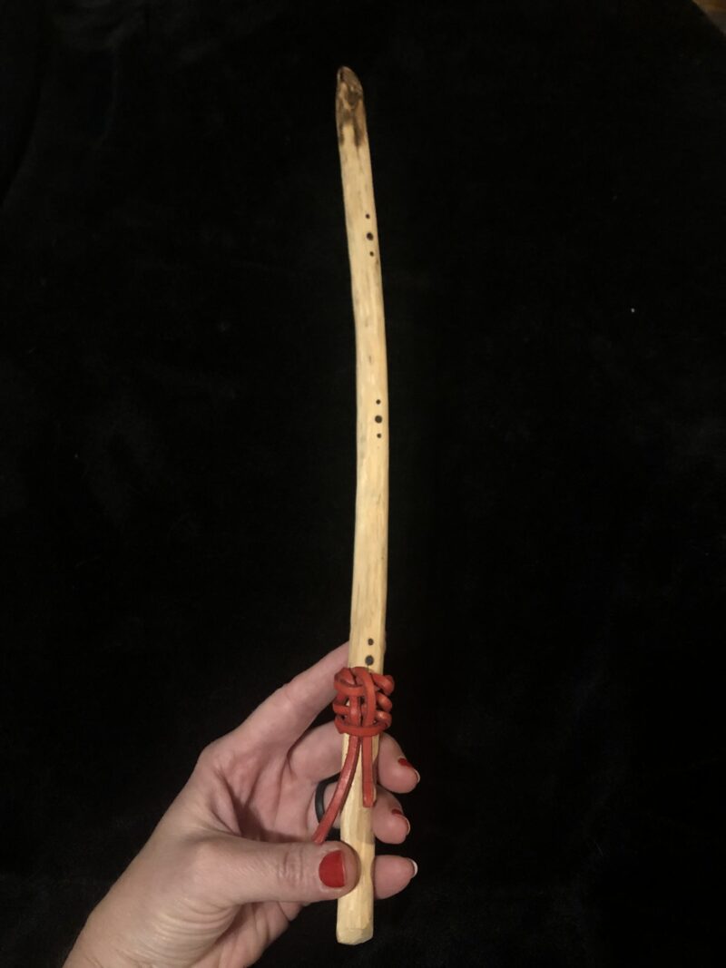Sacred Root Chakra Wand- Hand-Carved Maple with Crystals, Leather Wrap and Burned Symbols - Image 5