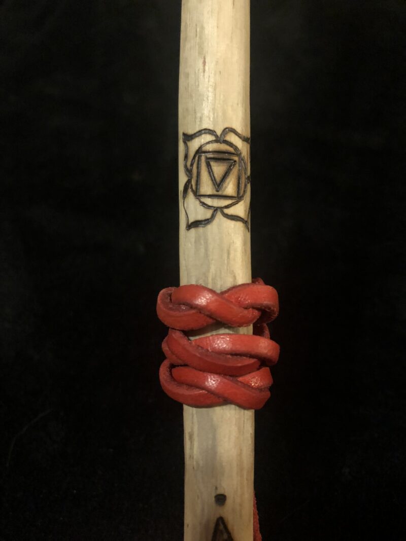 Sacred Root Chakra Wand- Hand-Carved Maple with Crystals, Leather Wrap and Burned Symbols - Image 6