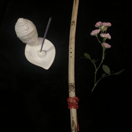 Sacred Root Chakra Wand- Hand-Carved Maple with Crystals, Leather Wrap and Burned Symbols