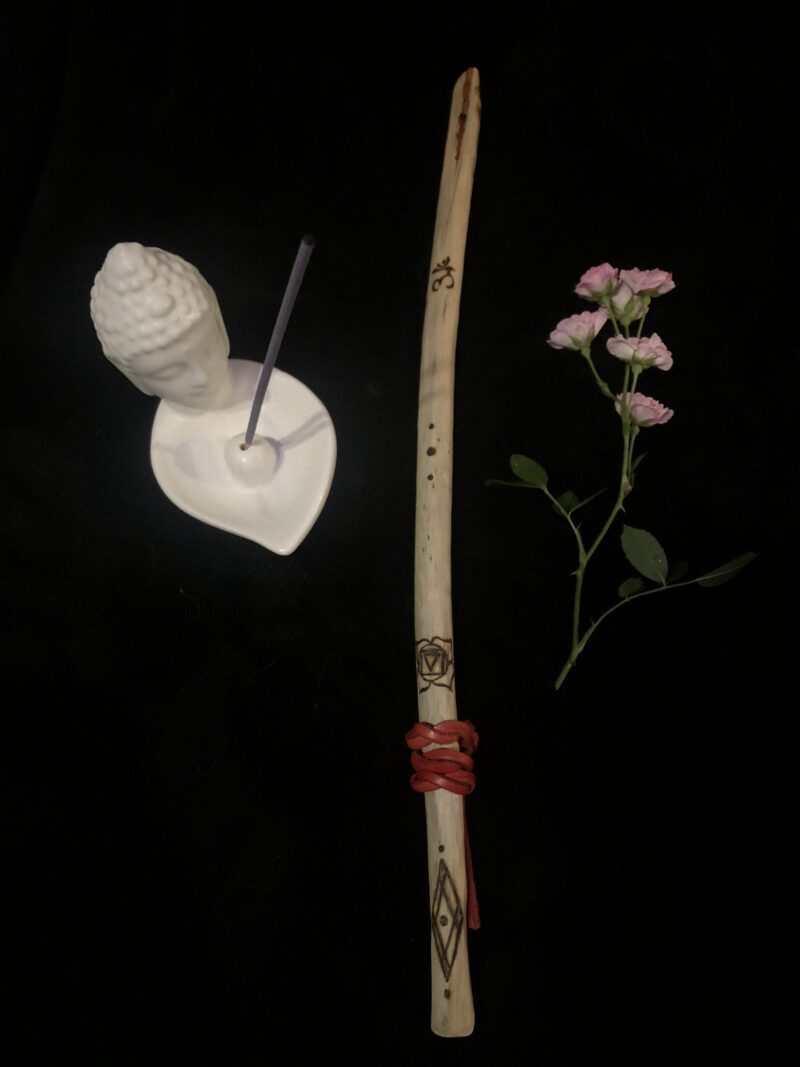 Sacred Root Chakra Wand- Hand-Carved Maple with Crystals, Leather Wrap and Burned Symbols